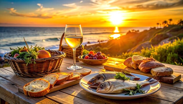 A serene seaside dining setup at sunset with a basket of greens, a plate of fish, and a glass of wine on a rustic wooden table