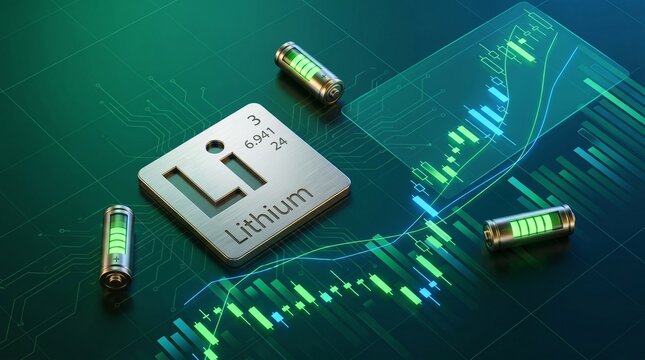 A close-up view of the Lithium chemical element symbol with glowing batteries and a rising financial graph, representing energy storage and market trends.