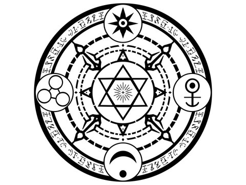 透過背景の神秘的な六芒星の魔法陣イラスト（ファンタジー・オカルト・線画・PNG）：Mystical hexagram magic circle illustration with transparent background. Fantasy occult line art PNG.