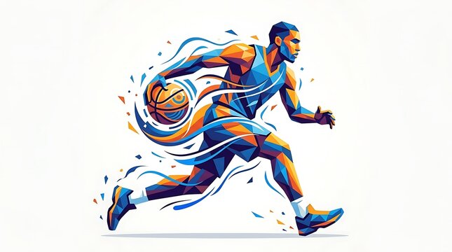 Colorful abstract basketball player dribbling a ball with dynamic motion lines and vibrant artistic splash effects