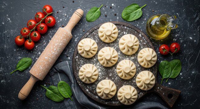 Raw khinkali dumplings on a wooden board with rolling pin and ingredients