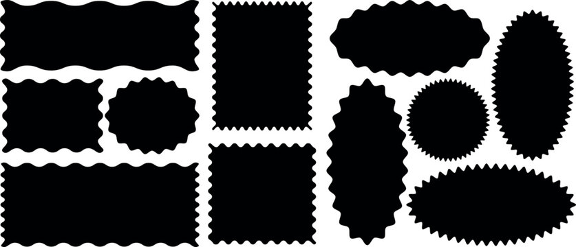 Black shapes with scallop and zigzag edges set. Silhouette stickers circle, square, oval and rectangle labels. Vector illustration.