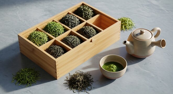 Wooden box with various dried matcha tea leaves and a ceramic teapot set on a grey stone surface. bamboo tea box