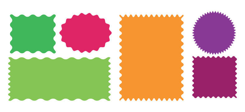 set of colorful zigzag edge labels, scallop edge shape. Rectangle shape frame with zigzag edge. Geometric zig zag wavy edge stickers, frames, shapes. 