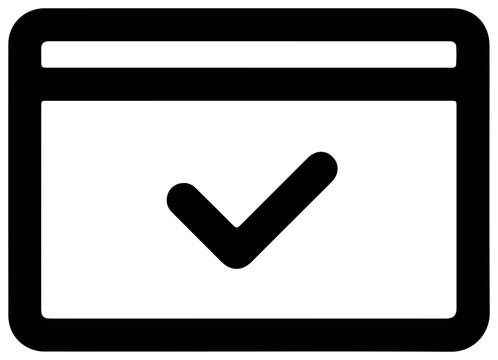 Solid black filled icon of survey popup window frame with checkmark