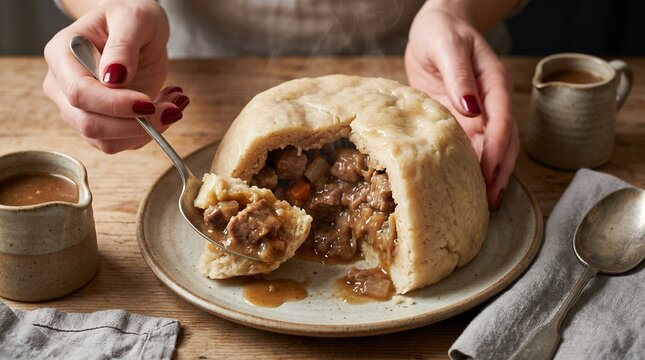 Suet Pudding &ndash; Traditional British Steamed Savoury Meat and Gravy Pudding