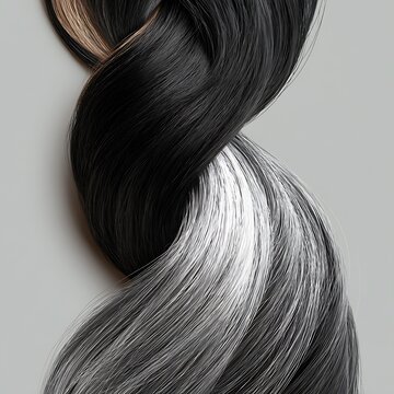 gray hair reversal concept, split hair strand black and gray,