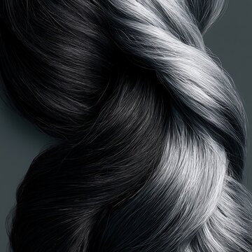 gray hair reversal concept, split hair strand black and gray,