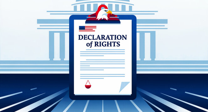 Declaration of Rights document on a clipboard with eagle emblem and balance scale icon. Government building silhouette in the background. Legal and civil rights concept for political media use.