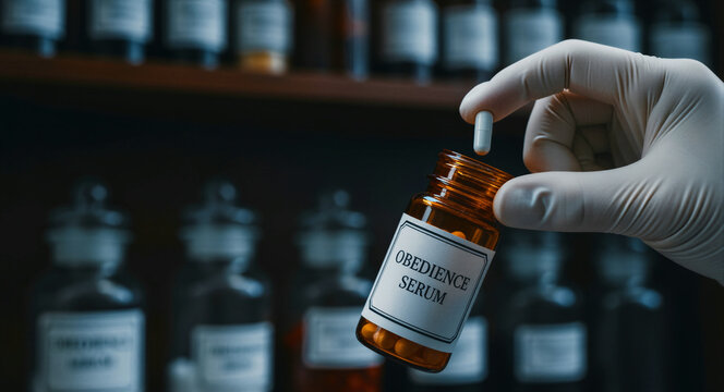 Hand in glove placing a pill into a bottle labeled Obedience Serum. Dark laboratory setting with medicinal jars and chemicals. Concept of mind control, dystopian social engineering, and ethics.
