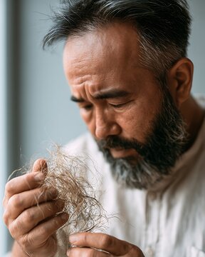 stress related hair loss concept, man holding fallen hair strands, worried expression,