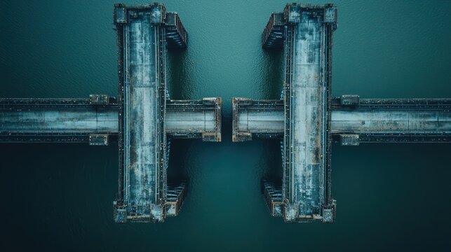 Bridge structural harmony aerial view twin concrete pier foundations parallel spans geometric patterns vintage American engineering architecture