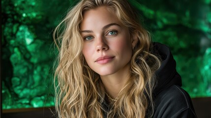 Obraz premium Portrait of beautiful woman with wavy blonde hair against glowing green onyx interior wall, neutral expression, natural lighting, professional photorealistic quality with sharp focus and elegant comp