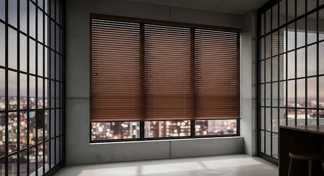 Modern interior living room with high quality faux wood blinds installed on large windows overlooking a blurred evening city skyline background view
