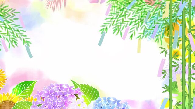 Japanese Summer Tanabata Illustration with Sunflowers and Hydrangeas