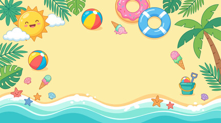 Cute summer beach vector banner background with large copyspace happy smiling sun and colorful holiday toys © aliefendi