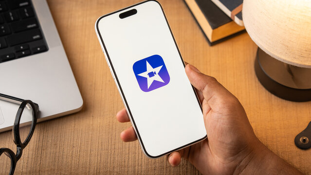 Apple iMovie app logo is displayed on a smartphone screen in Bangalore, India, on May 15, 2026
