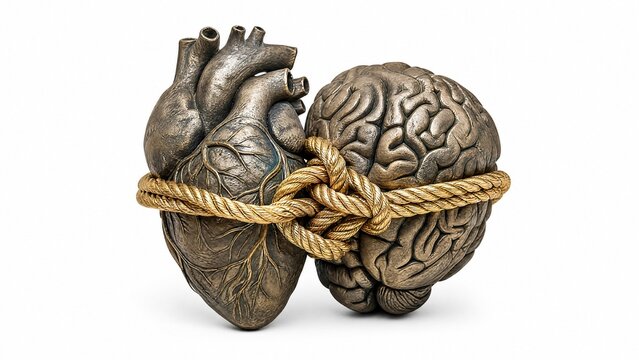 anatomical. Anatomical heart and brain sculpture tied with a golden rope, symbolizing the connection between emotion and intellect. event programs.