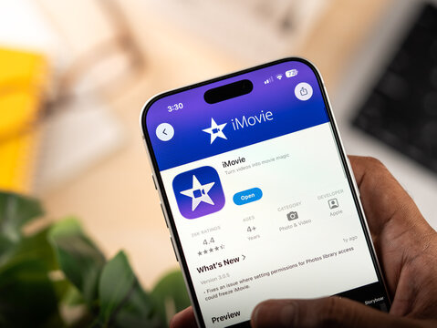Apple iMovie app logo is displayed on a smartphone screen in Bangalore, India, on May 15, 2026
