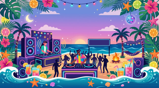 Summer beach party vector banner background with neon DJ booth people dancing and music festival elements