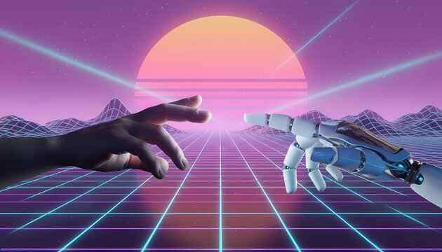 Human and robot hands reaching towards each other in a retro synthwave landscape