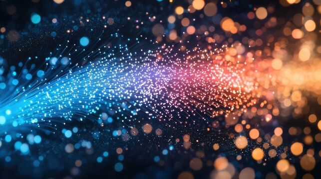 Optical coherence colors laser interference patterns fiber optic cables multicolored light transmission blue purple orange spectrum bokeh effect technology background