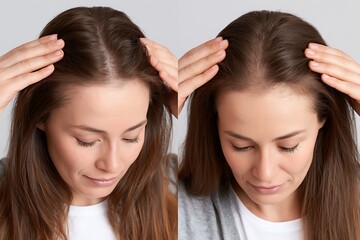 Naklejka premium woman comparing hair density before after treatment, fuller roots and healthy scalp