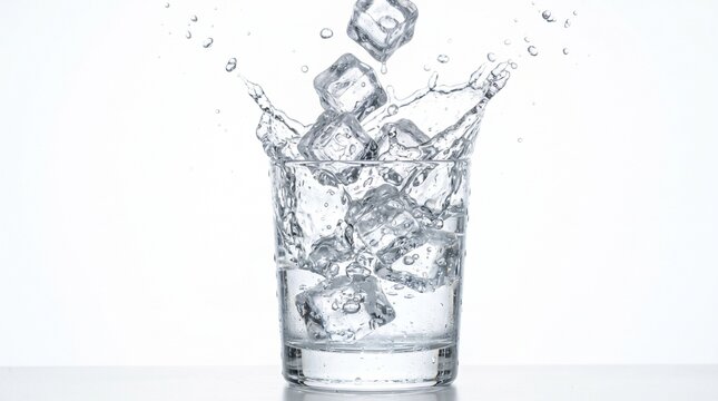 ice cubes splashing in clear water isolated on clean background representing freshness, cold drink, hydration and dynamic liquid motion concept