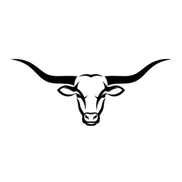 A black and white high-contrast silhouette of a longhorn steer?s head with prominent horns