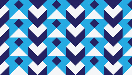 Obraz premium Seamless geometric vector pattern with abstract 3D cube and chevron shapes. Modern blue and white background for corporate identity, textile print, and wrapping paper