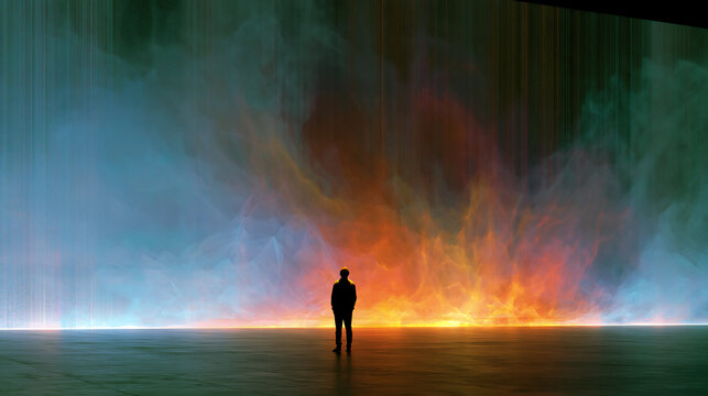 Lone silhouette standing before massive colorful energy fire wall, epic cinematic confrontation and power concept