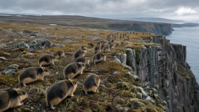 lemming. Lemming migration moving toward cliff edge in wide angle terrain view. wildlife magazines, conservation campaigns, designed for nature documentaries and education, used by videographers.