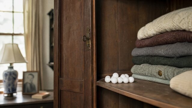 camphor. White camphor balls placed inside an antique wooden wardrobe with folded clothing. menu design, packaging mockups, designed for food delivery and cloud-kitchen brand materials.