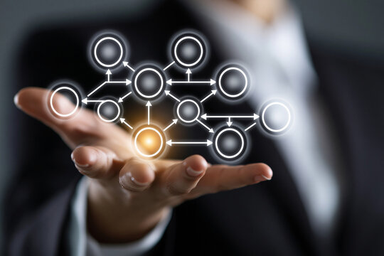 Businesswoman touching hologram decision tree diagram for scenario analysis, AI machine learning strategy project planning