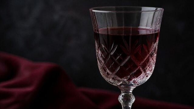 hindsight. Elegant crystal goblet filled with deep red wine in close-up view. bar promotions, beverage menus, designed for food & beverage menus and cafe branding, elevates brand perception.