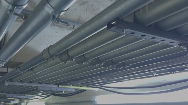 Electrical Conduits and Wiring Installation in Ceiling, Industrial Construction Site