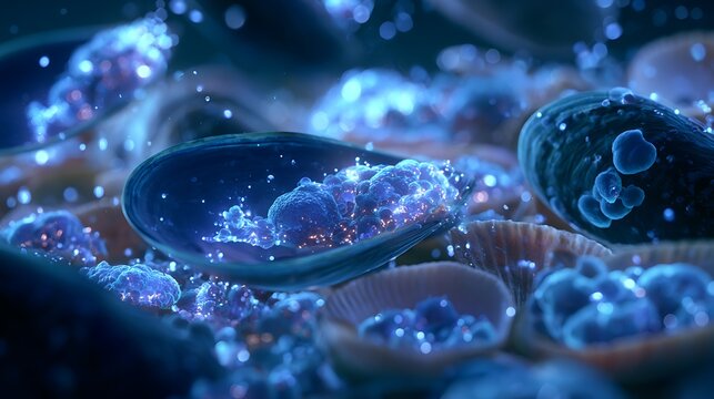 Microscopic bacteria infection inside mussels and shellfish, glowing organic contamination
