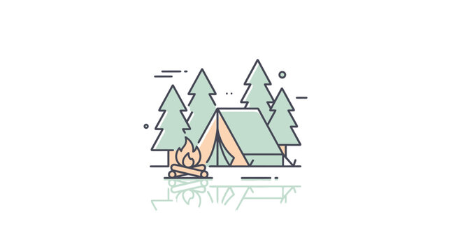Camping scene illustration with tent campfire and trees on white background