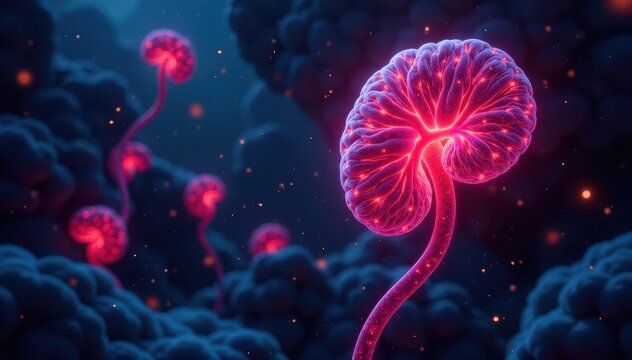 Glowing nephrons suspended in a dark universe, cosmos, astronomy