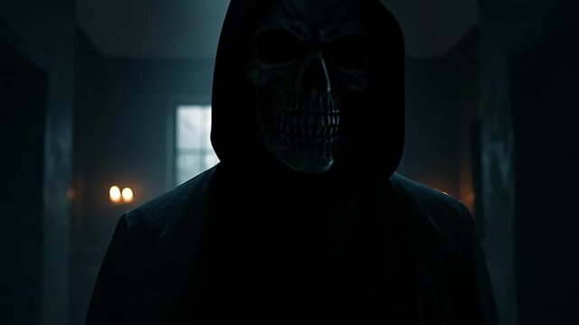 A figure in a skull mask and hood stands in a dark, dimly lit hallway.