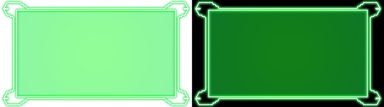 Green sci fi neon banner frame with futuristic corner ornaments on transparent and black background, isolated HUD UI panel