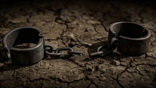 sidelight. Heavy iron manacles with a severed chain on cracked earth. STEM education sheets, lab safety posters, designed for STEM education and laboratory safety posters, used by food bloggers.