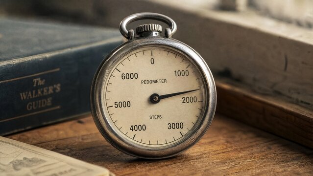 pedometer. Classic mechanical pedometer on wooden surface with visible dial numbers. safety posters, maintenance manuals, designed for industrial assembly lines and welding operations.