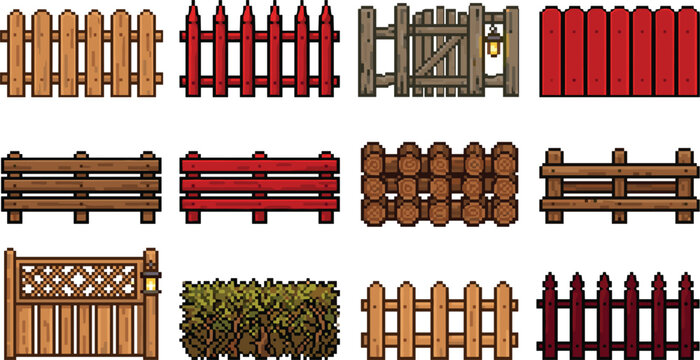Wooden Fence and Garden Gate Pixel Art Vector Set with Red Brown Picket Fences Log Barriers Lattice Rails and Bush Hedge for Retro Game Asset Designs
