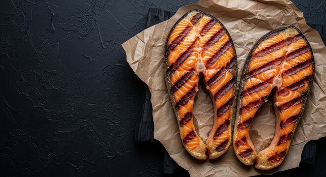 Grilled salmon steaks on parchment paper on a dark wooden background