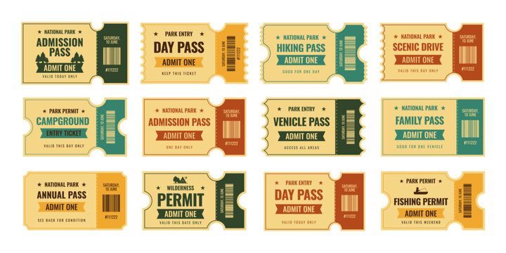 Retro national park ticket set with camping, hiking, fishing permit and scenic drive passes in vintage 50s style Americana style. Outdoor adventure admission templates. Vector illustration