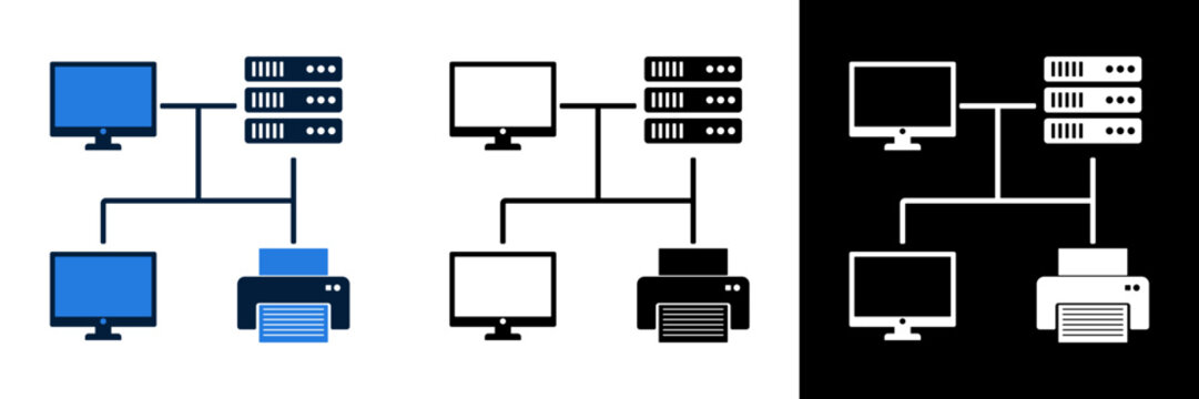 Computer Network with Servers, PCs, and Printer Connection Diagram.
