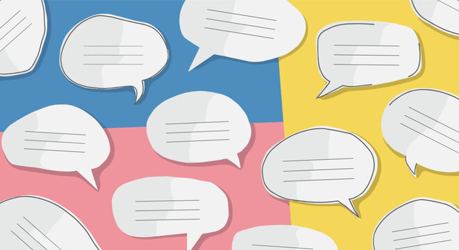 Dynamic pattern of multiple white paper speech bubbles scattered across a background divided into blue, pink, and yellow sections.