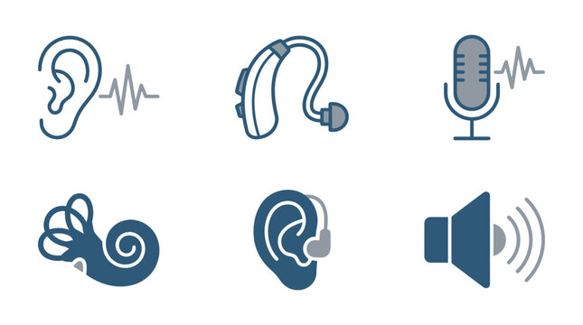 Hearing and sound icons set: ear cochlea hearing aid microphone speaker with microphone frequency loudness