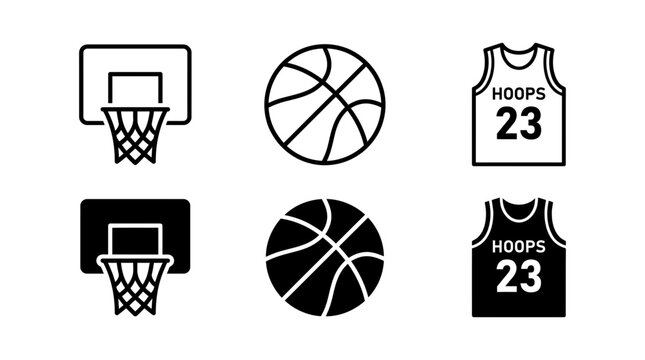 Basketball equipment icons: hoop ball jersey with number 23 basketball athletic competition training